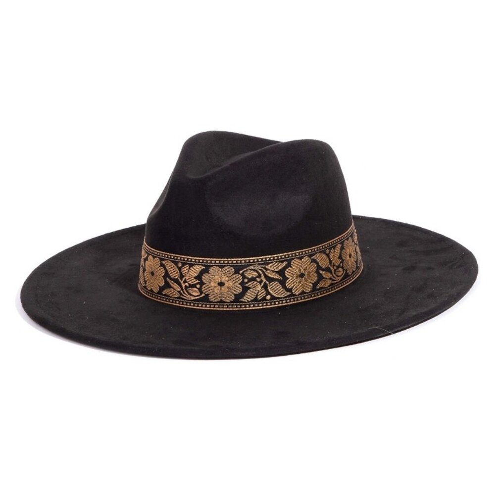 Embroidered Flower Band Felt Fedora Hat